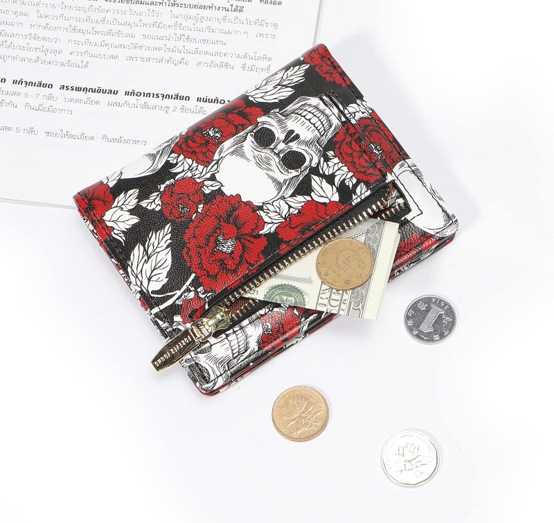 AnnabelZ Women Wallets Small Bifold Leather Pocket Wallet Ladies Mini Short Purse (Rose Skull) - Image 3