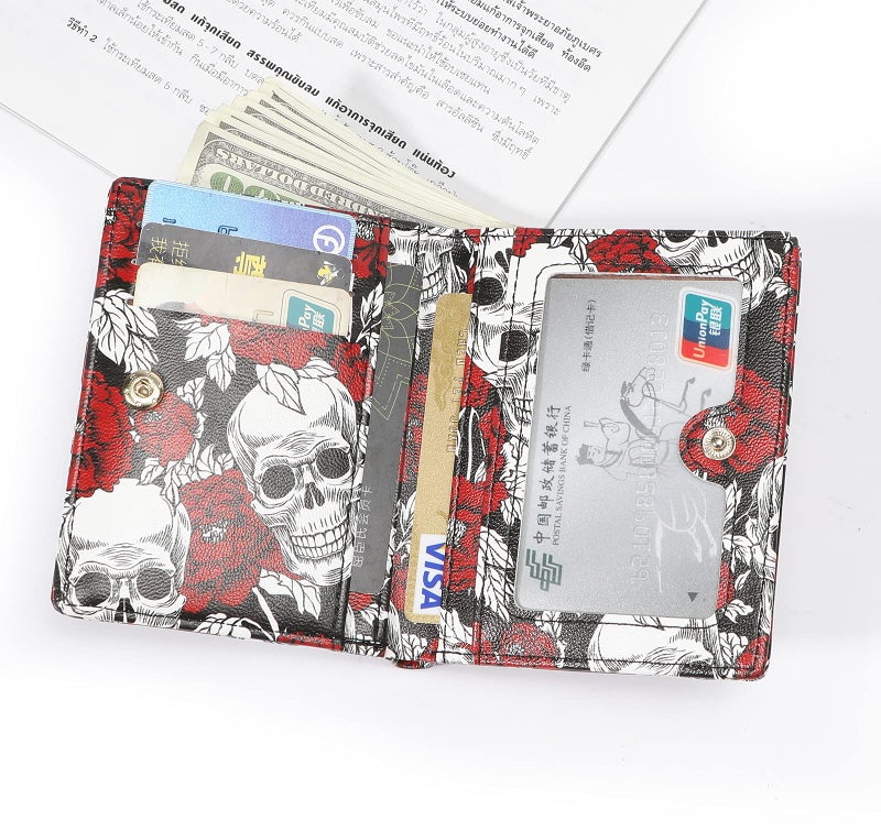 AnnabelZ Women Wallets Small Bifold Leather Pocket Wallet Ladies Mini Short Purse (Rose Skull) - Image 2