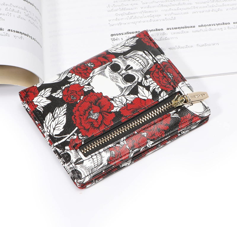 AnnabelZ Women Wallets Small Bifold Leather Pocket Wallet Ladies Mini Short Purse (Rose Skull) - Image 4