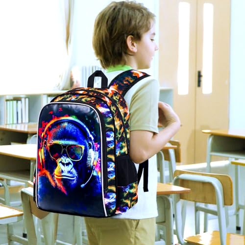 HPJGD 3PCS Kids Backpacks for Boys Water Resistant Gorilla Bookbag with Lunch Box 17 School Bag Set for Teenagers Middle Elementary Sunglasses Gorilla - Image 3