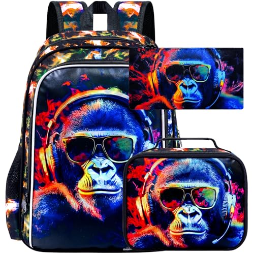 HPJGD 3PCS Kids Backpacks for Boys Water Resistant Gorilla Bookbag with Lunch Box 17 School Bag Set for Teenagers Middle Elementary Sunglasses Gorilla - Image 1
