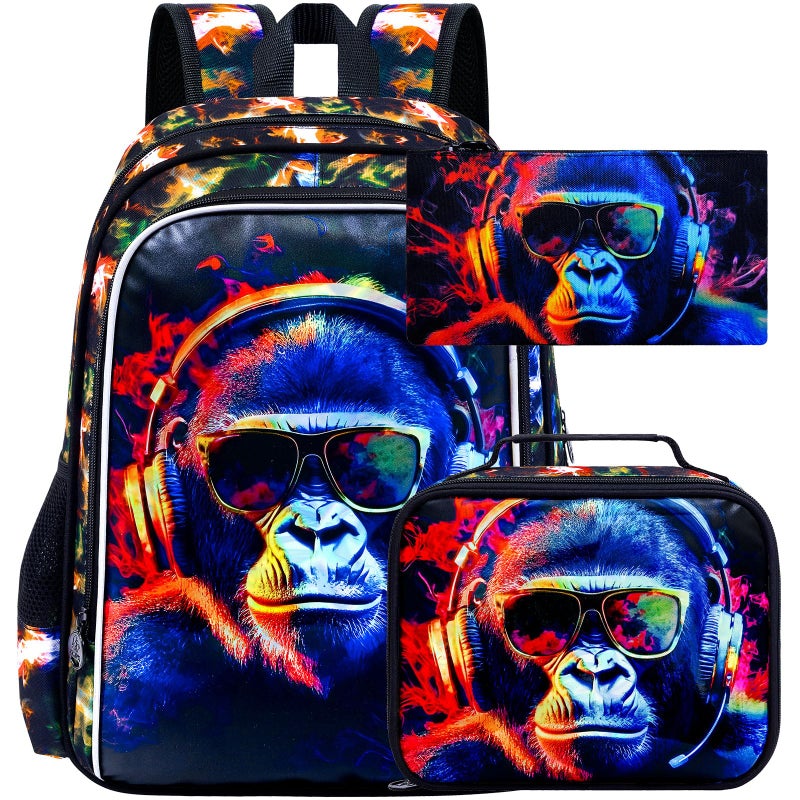 HPJGD 3PCS Kids Backpacks for Boys Water Resistant Gorilla Bookbag with Lunch Box 17 School Bag Set for Teenagers Middle Elementary Sunglasses Gorilla - Image 2