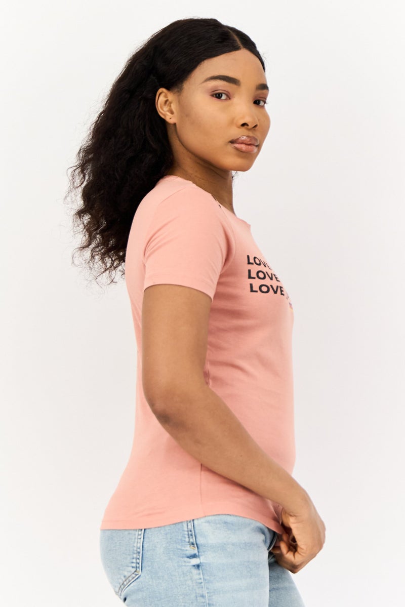 ONLY Women Round Neck Short Sleeves Graphic Print T-Shirts, Old Rose - Image 3