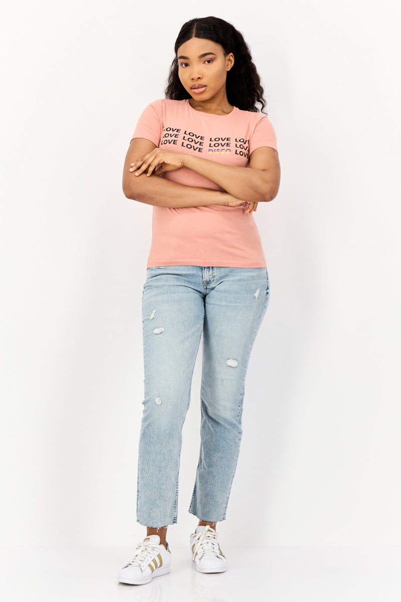 ONLY Women Round Neck Short Sleeves Graphic Print T-Shirts, Old Rose - Image 2