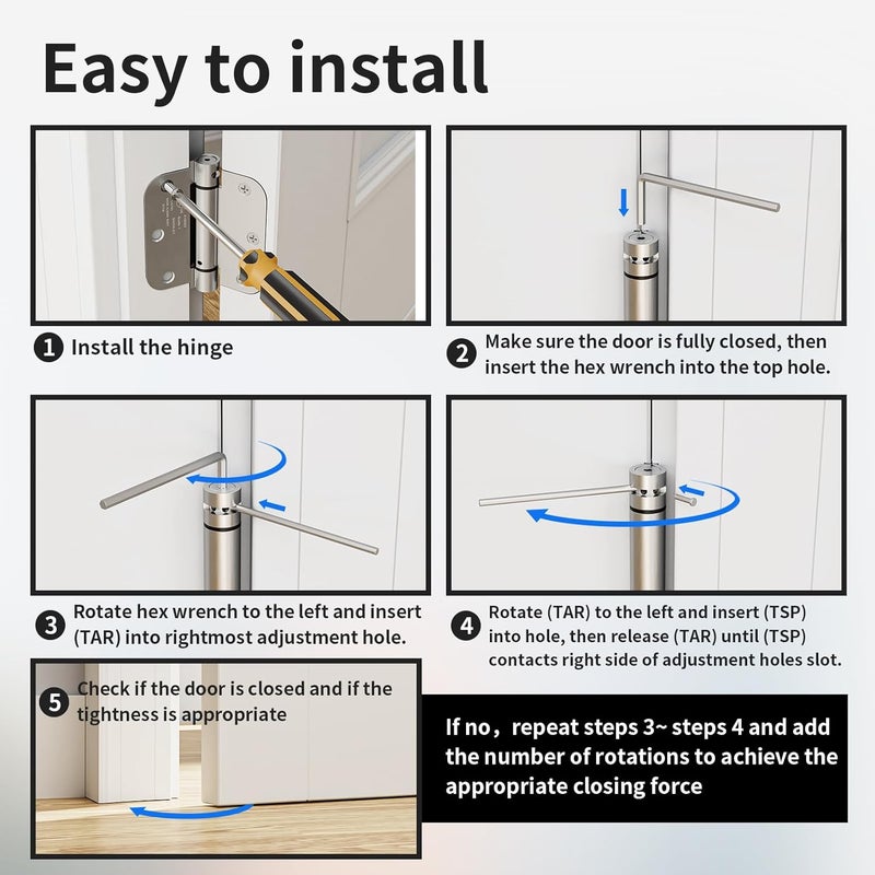 Bubxo 2 Pack Self Closing Door Hinges 3.5 Inch, Spring Door Hinge with 5/8'' Radius Corners, Adjustable Tension for Garage, Front, Back Door, UL Listed, Left and Right Hand, Brushed Nickel - Image 5