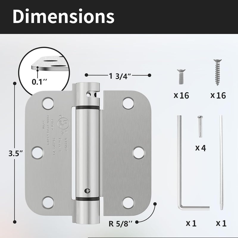 Bubxo 2 Pack Self Closing Door Hinges 3.5 Inch, Spring Door Hinge with 5/8'' Radius Corners, Adjustable Tension for Garage, Front, Back Door, UL Listed, Left and Right Hand, Brushed Nickel - Image 2