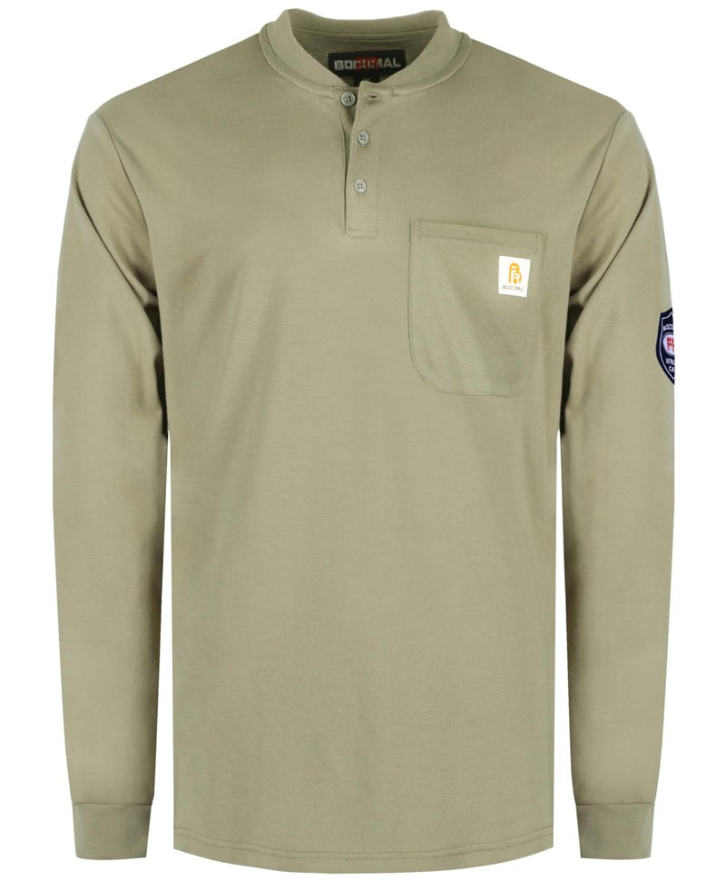 BOCOMAL FR Shirts Flame Resistant Shirts FR T Shirt NFPA2112/CAT2 7oz Khaki Men's Long Sleeve Fire Retardant Henley Shirts