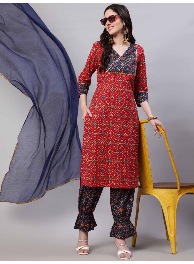 AKS Red Patola Print Kurta Pant With Dupatta  - Image 1