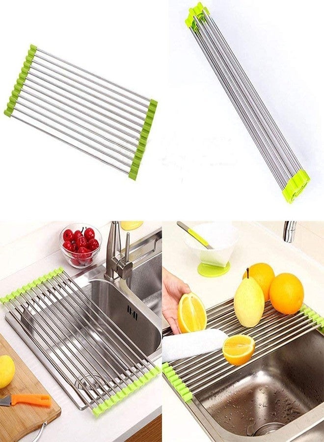 SCILLA Foldable Stainless Steel Drain Rack/Kitchen Sink Roll up Dish Drying Rack/Portable Dish Drainer Rack for Crockery, Utensils, Fruits, Vegetables, Etc. (Multi-Color) - Image 2