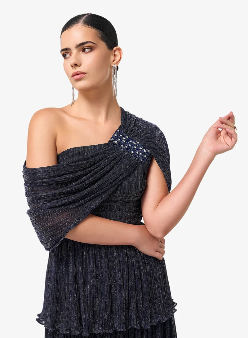 Threadz by Ajooni  Ruffle Sequin One Shoulder Midi Dress for Women | Best Price UAE