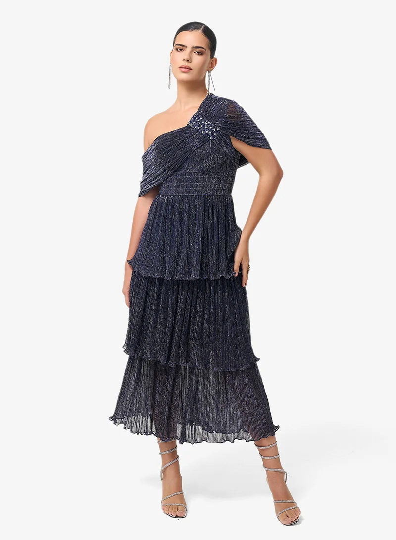 Threadz by Ajooni Ruffle Sequin One Shoulder Midi Dress