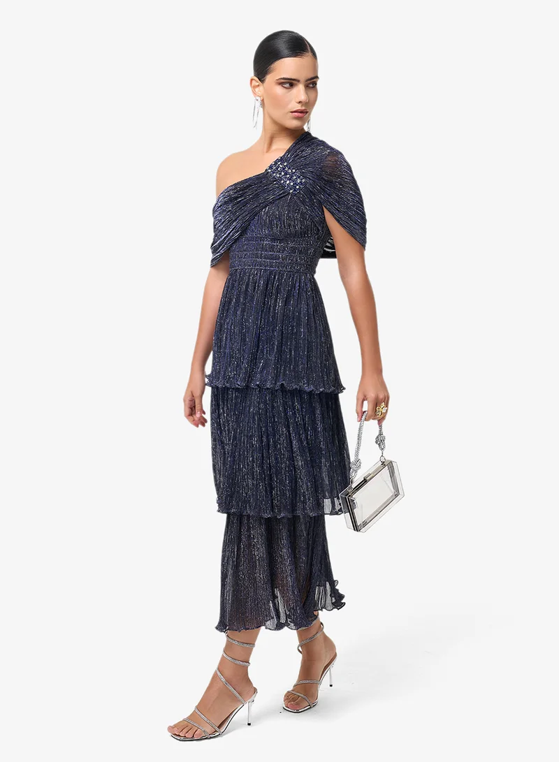 Threadz by Ajooni  Ruffle Sequin One Shoulder Midi Dress for Women | Best Price UAE