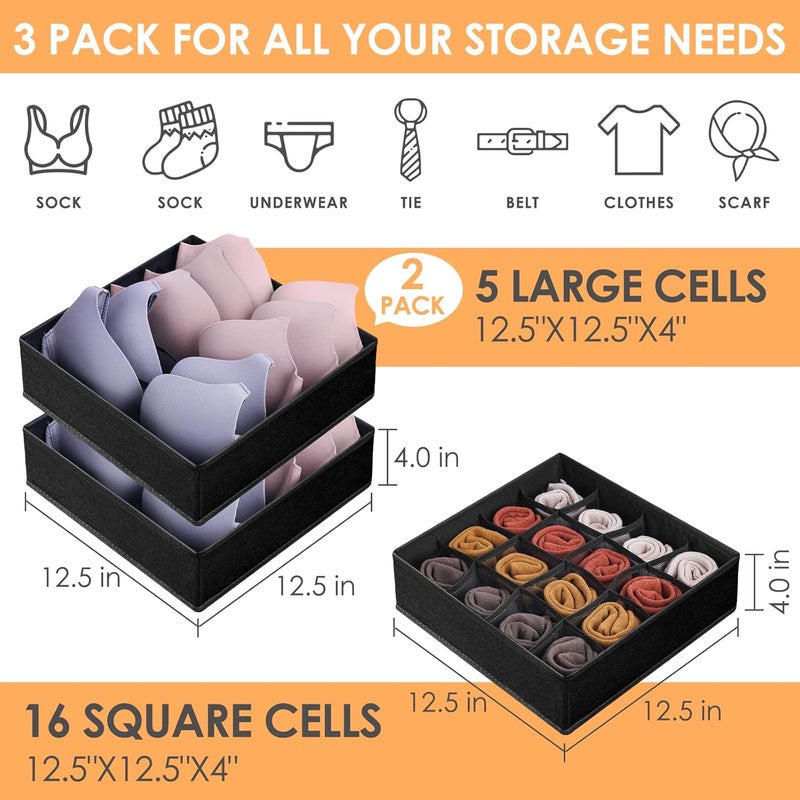 Criusia 3 Pack Bra Underwear Drawer Organizer Dividers, 26 Cell Fabric Foldable Dresser Closet Organizers and Storage Boxes for Baby Clothes, Bra, Socks, Underwear, Ties (5+5+16 Slots, Black) - Image 2