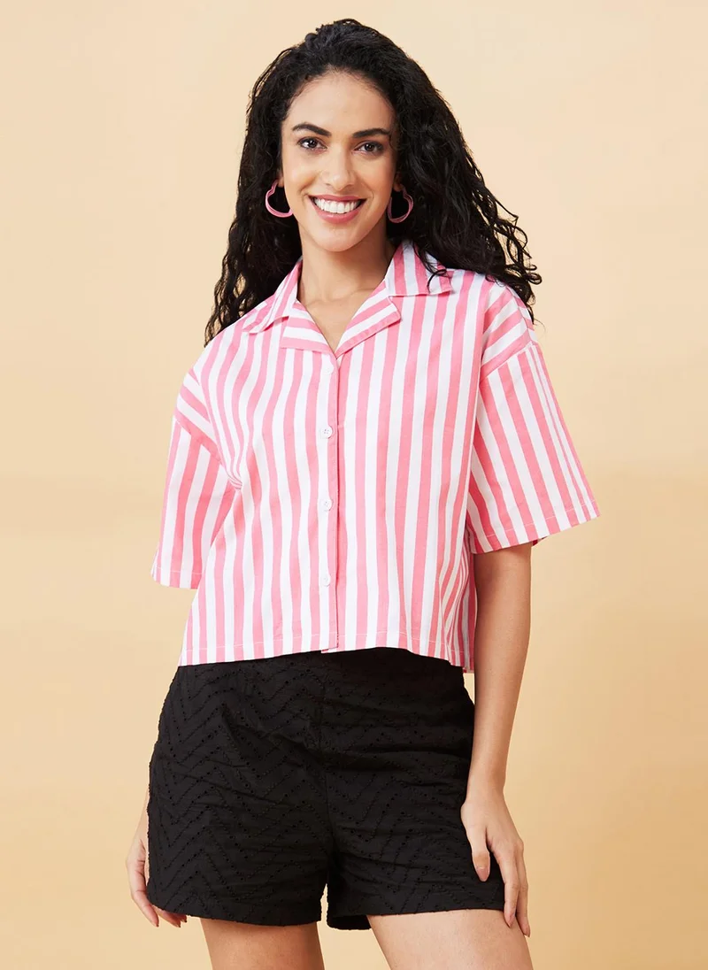 globus Globus Women Pink Striped Pure Cotton Shirt Style Crop Top