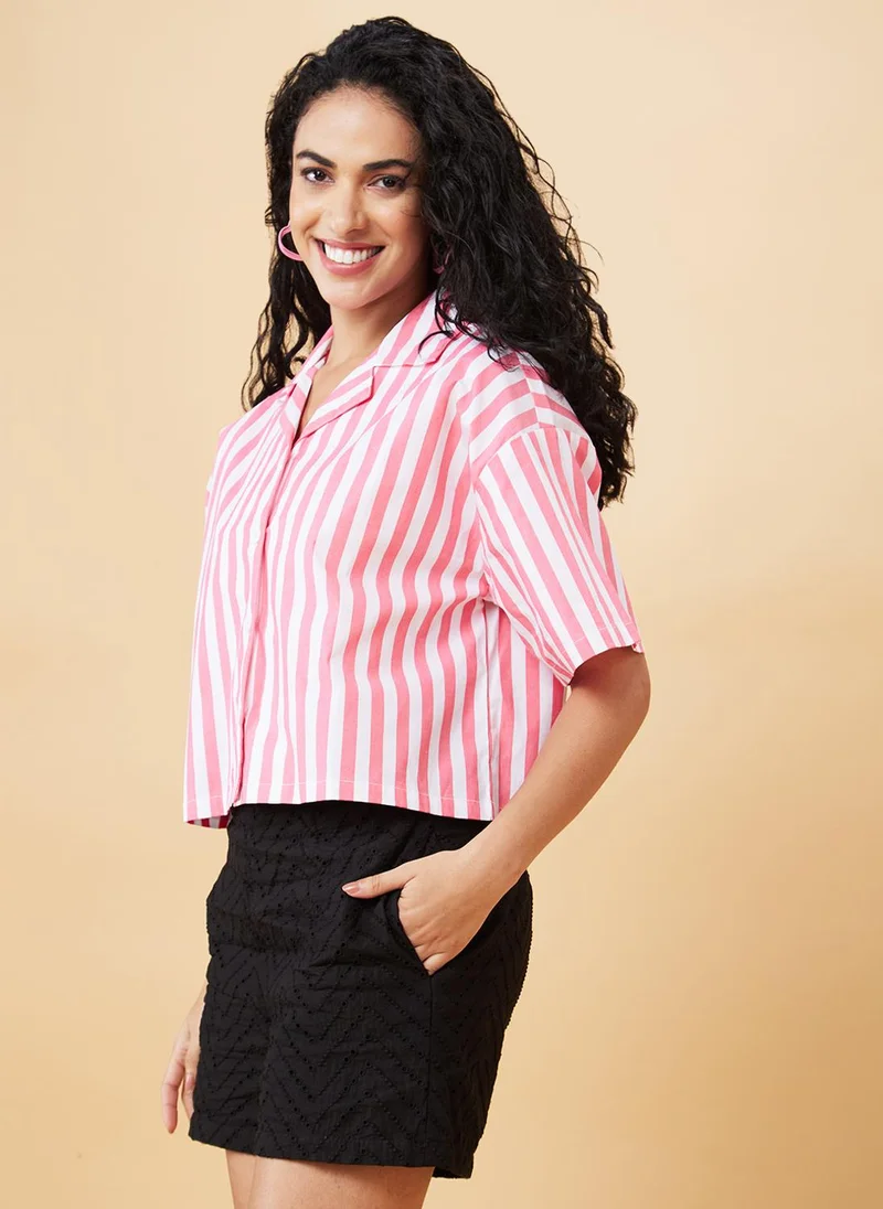 globus Globus Women Pink Striped Pure Cotton Shirt Style Crop Top