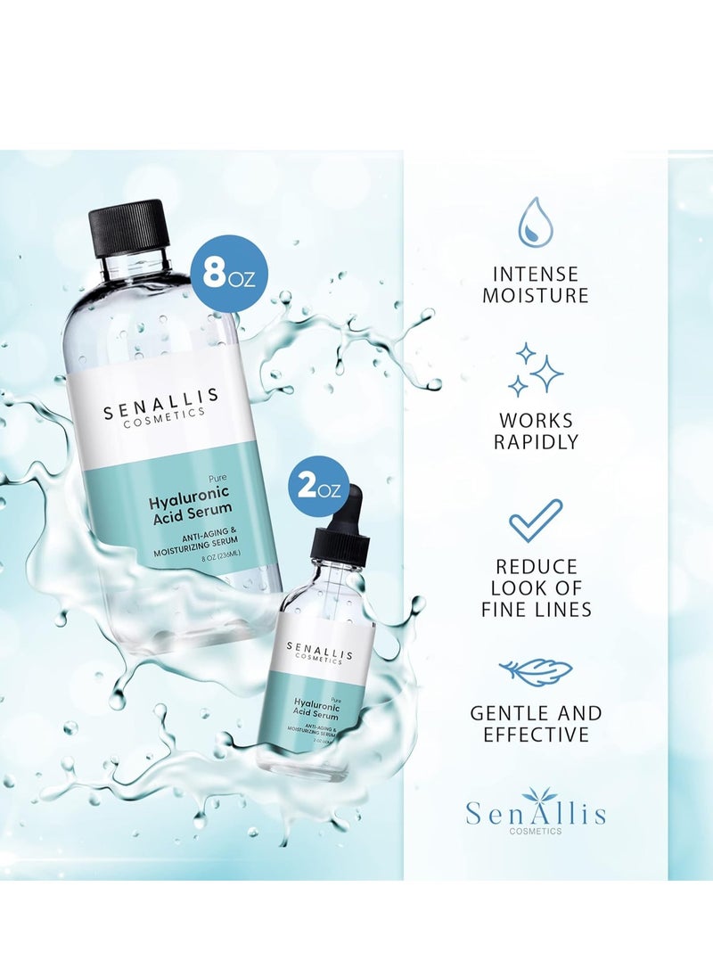 SenAllis Cosmetics - Hyaluronic Acid Serum 8 fl oz And 2 fl oz, Made From Pure Hyaluronic Acid, Anti Aging/Wrinkle, Ultra-Hydrating Moisturizer That Reduces Dry Skin Manufactured In USA - Image 1