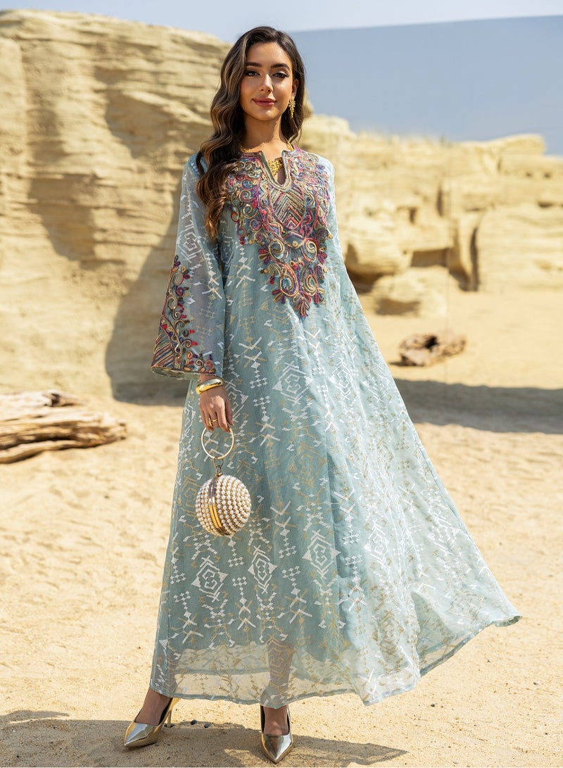 Dubai Embroidered Luxury Woman Evening Dress Mesh Sleeve Abaya Morocco Fashion Women Clothing 2025 ﻿  - Image 3