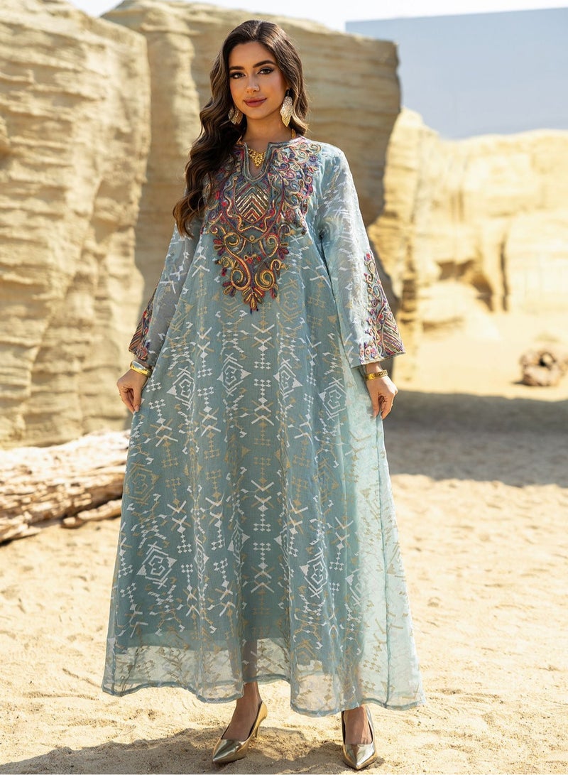 Dubai Embroidered Luxury Woman Evening Dress Mesh Sleeve Abaya Morocco Fashion Women Clothing 2025 ﻿  - Image 1