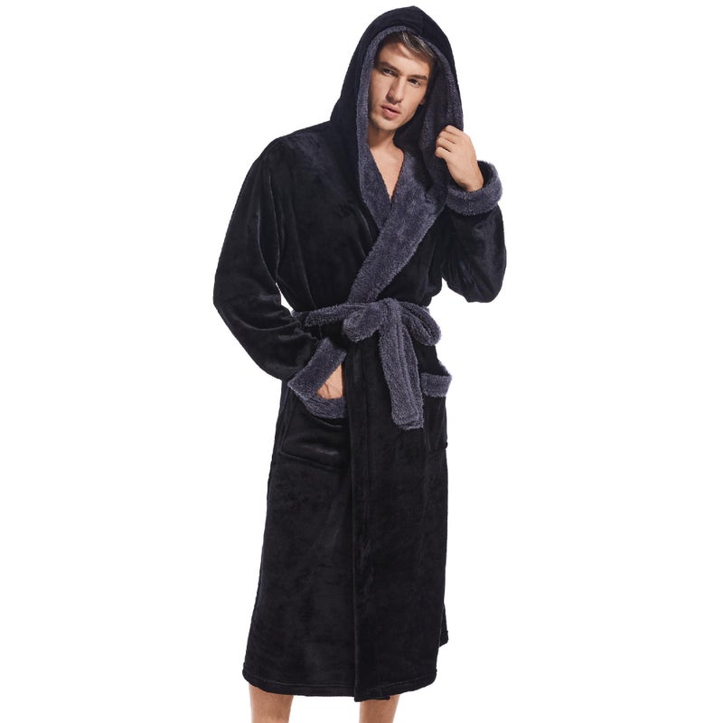 Inner Wish Mens Hooded Robe Plush Long Bath robes Cozy Warm Bathrobe Fuzzy male Spa Robe With PocketsBLACKDARK GREY2XL3XL