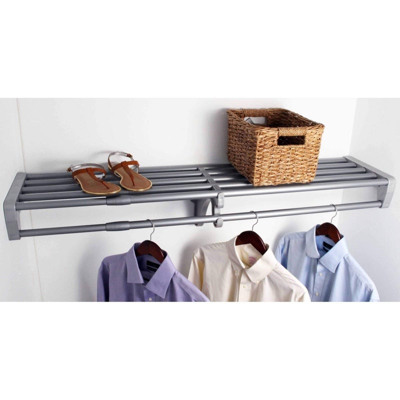 EZ Shelf EZ Shelf  DIY Expandable Closet Shelf and Rod 40  73 MOUNTS Between 2 Side Walls No End Brackets Silver 
