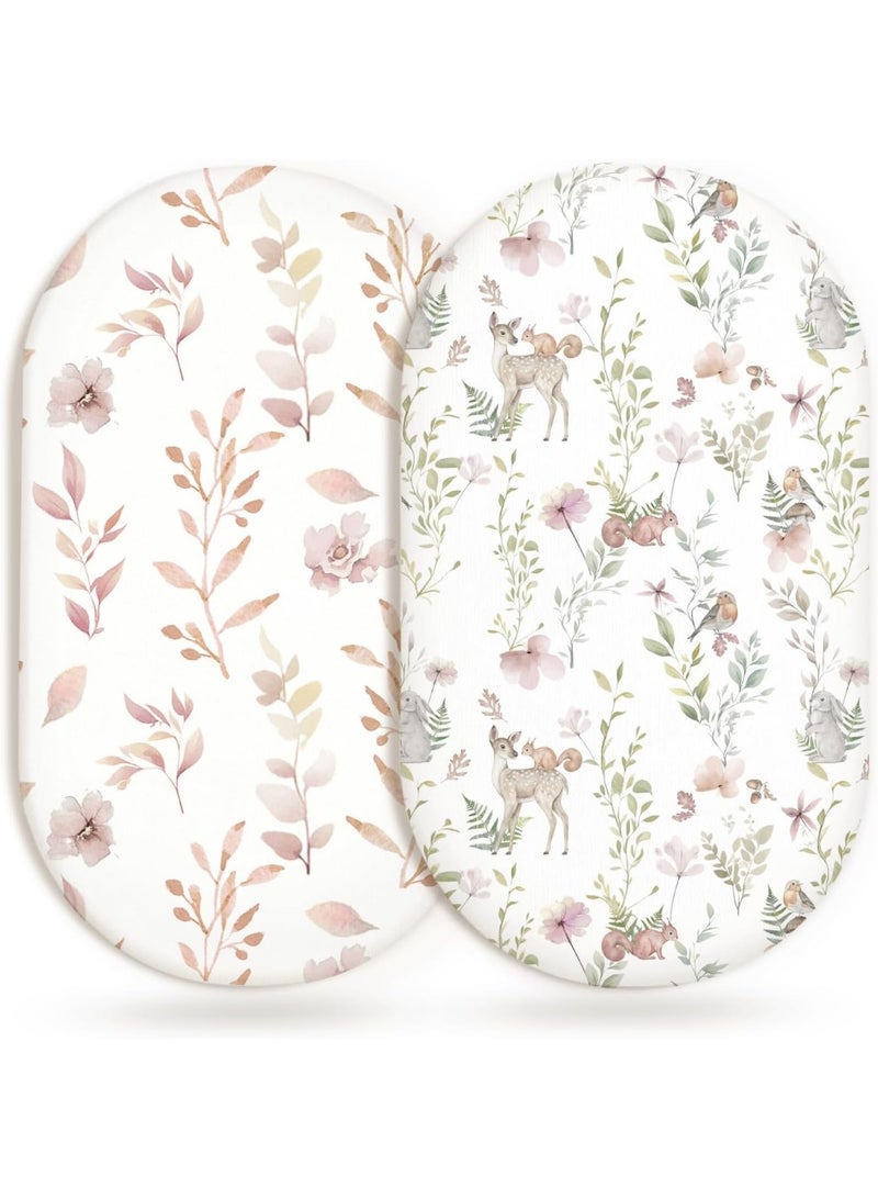 Bukela Bassinet Sheets for Baby Girls Boys 2 Pack, Fitted Baby Mattress Sheet for Rectangle, Oval, Hourglass Bassinet Mattress, Breathable Cozy & Universal Fit (Floral Fawn) - Image 1