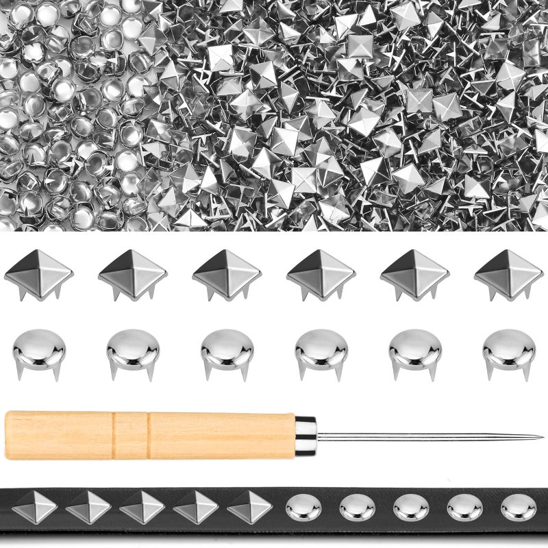 Jollidecor 1250 PCS Metal Studs for Clothing, 10mm Square Pyramid Studs and Round Dome Studs for Craft, Leather Rivet Kit with Awl Silver Spikes for Clothes, Jacket, Belt, Dog Collar - Image 1