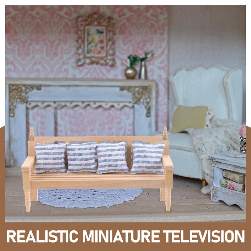 Miniature Wooden Dollhouse Sofa With Pillows Multi Seat Living Room Furniture - Image 4