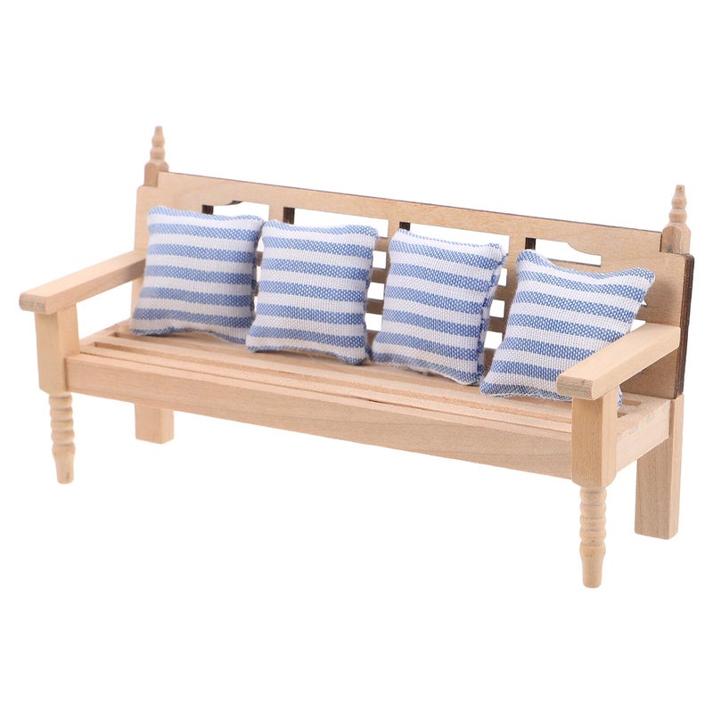 Miniature Wooden Dollhouse Sofa With Pillows Multi Seat Living Room Furniture - Image 2