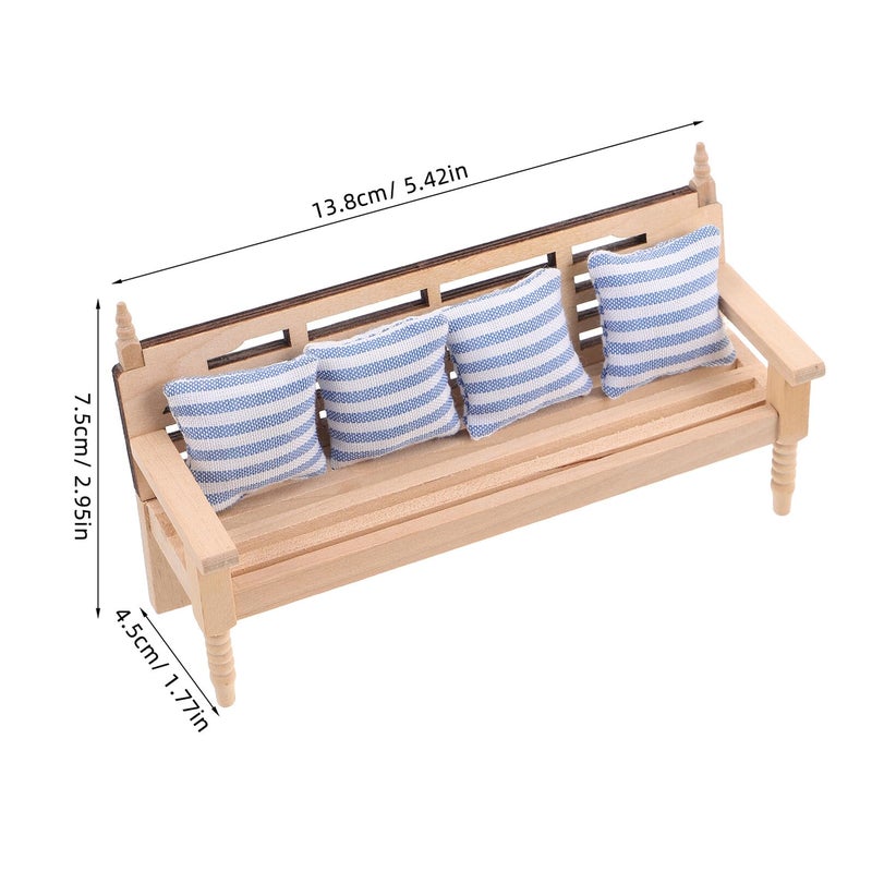 Miniature Wooden Dollhouse Sofa With Pillows Multi Seat Living Room Furniture - Image 3
