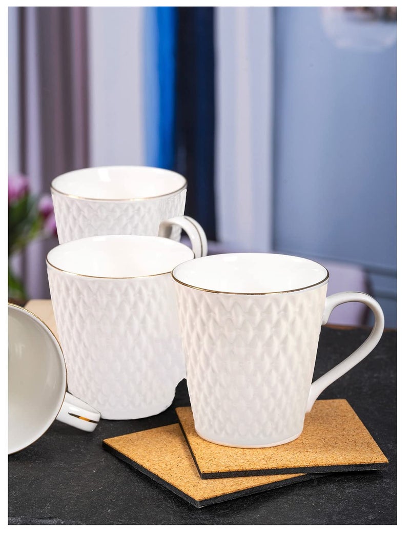 E - Ezra E-Ezra Tableware Set Of 6 White Floral Textured Porcelain Glossy Cups (Pack Of 6), 180 milliliter - Image 1