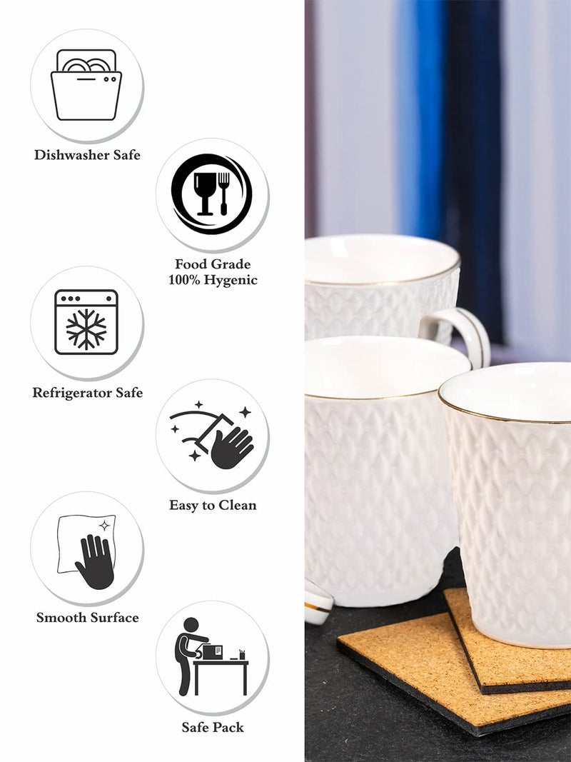 E - Ezra E-Ezra Tableware Set Of 6 White Floral Textured Porcelain Glossy Cups (Pack Of 6), 180 milliliter - Image 5