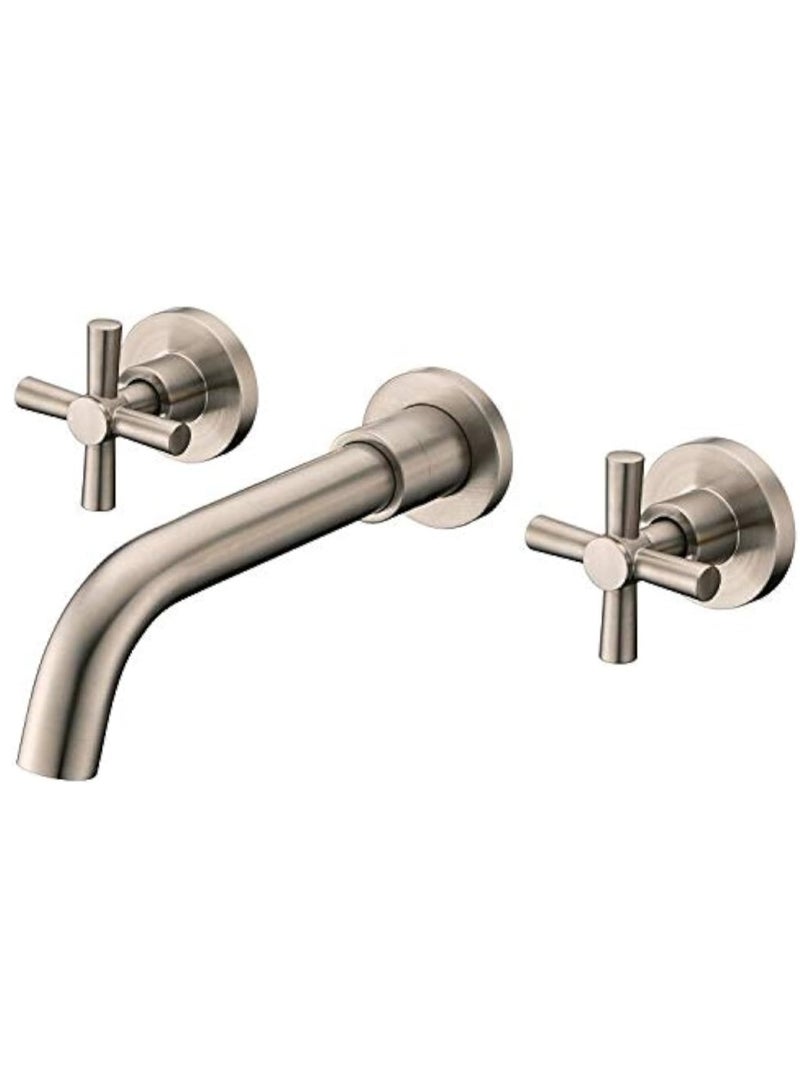 المفتاحة صنبور حوض حديث مثبت على الحائط بمقبضين متقاطعين - مصنوع من الفولاذ المقاوم للصدأ بلمسة نهائية من النيكل المصقول، صنبور خلاط مياه ساخن وبارد لحوض الحمام، تصميم متين مقاوم للتآكل - Image 1