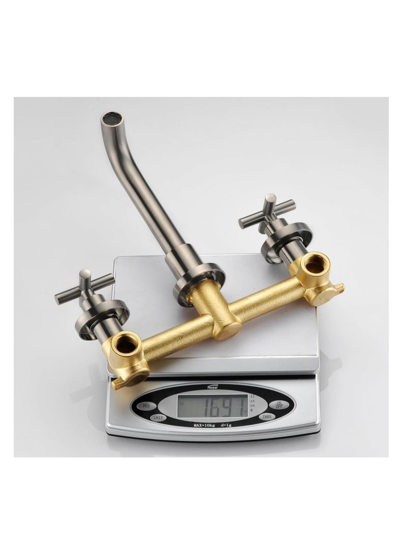 المفتاحة صنبور حوض حديث مثبت على الحائط بمقبضين متقاطعين - مصنوع من الفولاذ المقاوم للصدأ بلمسة نهائية من النيكل المصقول، صنبور خلاط مياه ساخن وبارد لحوض الحمام، تصميم متين مقاوم للتآكل - Image 3