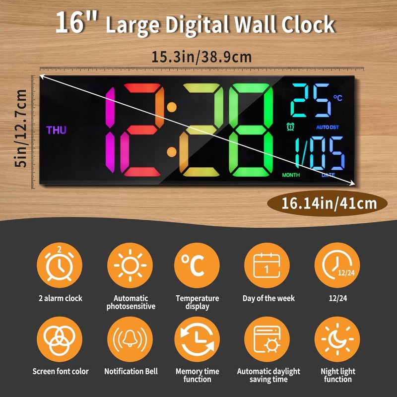 Maxstar Large Digital Wall Clock 16.2 inch Display, with RGB Color,Temperature,Remote Control,4 Level Brightness Dimmer,Night Light,2 Alarm,12/24H,DST Perfect for Home/Office/Garage/Gym/School - Image 3
