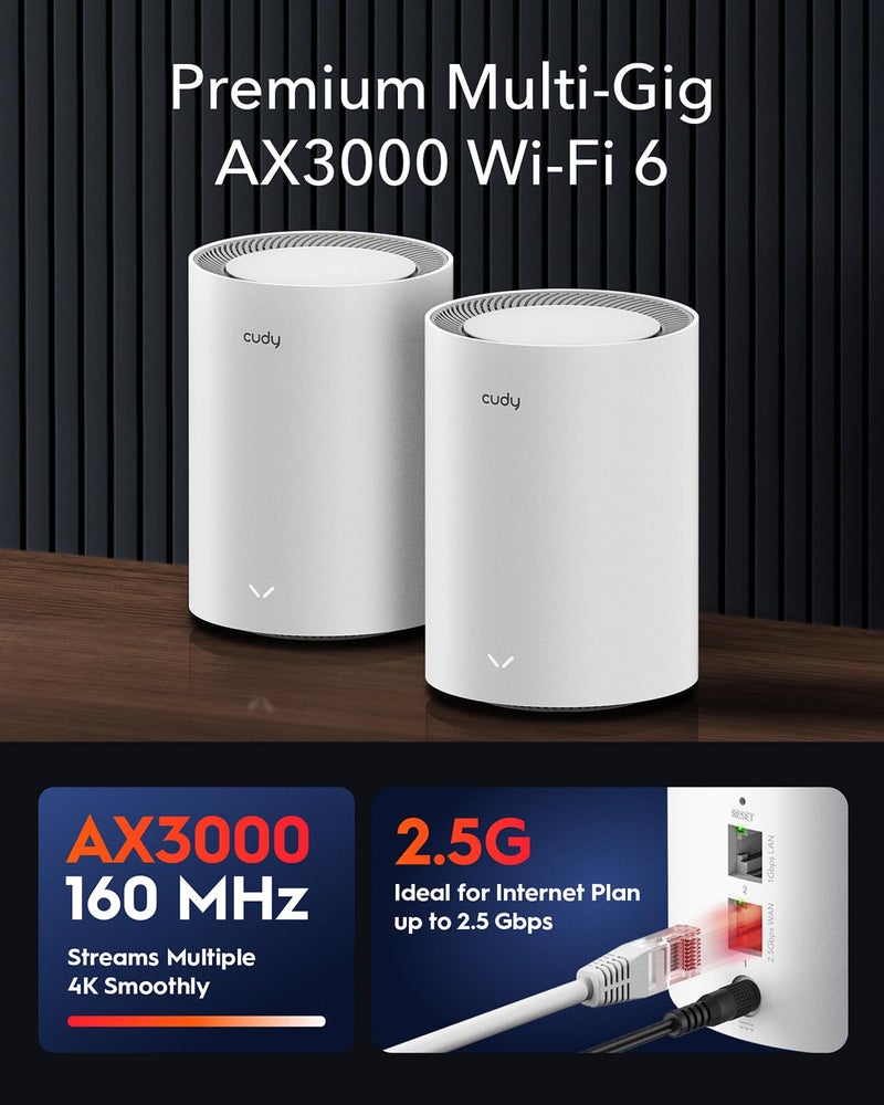 Cudy AX3000 Wi-Fi 6 2.5G Mesh System, Covers up to 2100 Sq.Ft, Replaces Wireless Router and Extender, Supports Ethernet Backhaul, Ideal for 2.5G Network, M3000 2-Pack - Image 2