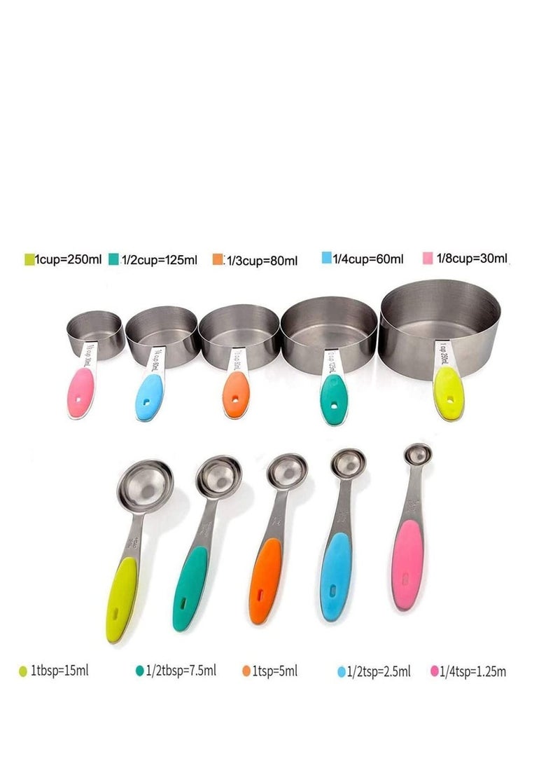 Y&D - Measuring Cups and Spoons Set in Stainless Steel for Cooking & Baking, Upgraded Thickness Rainbow Color Handle, First Choice For Kitchen Baking10 Piece - Image 1