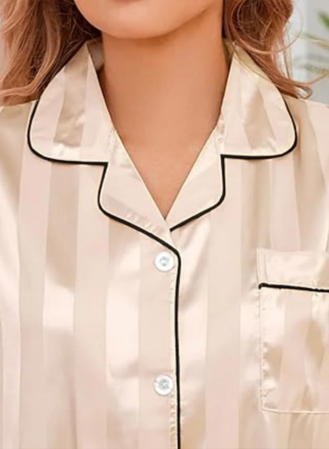 Take Two Beige Beige Striped Pattern Piping Shirt and Shorts Set for Women | Best Price UAE
