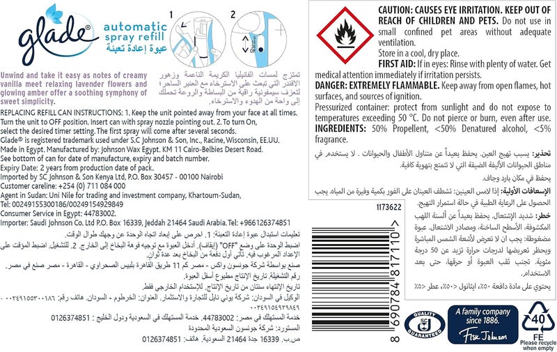 Glade Automatic Air Freshener Spray Refill with Lavender & Vanilla Scent, 269ml - Image 1