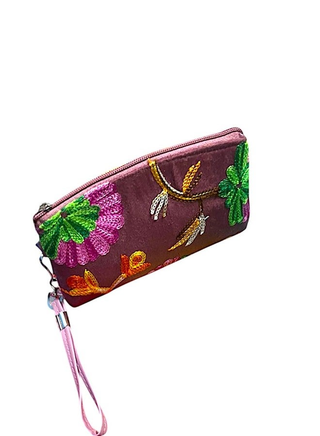 Floral Kashmiri Embroidered Wristlet Wallet for Women, Pink, Cotton Lined - Image 2