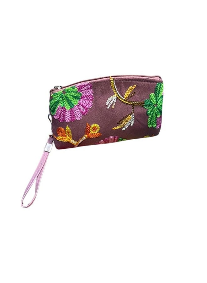 Floral Kashmiri Embroidered Wristlet Wallet for Women, Pink, Cotton Lined - Image 1