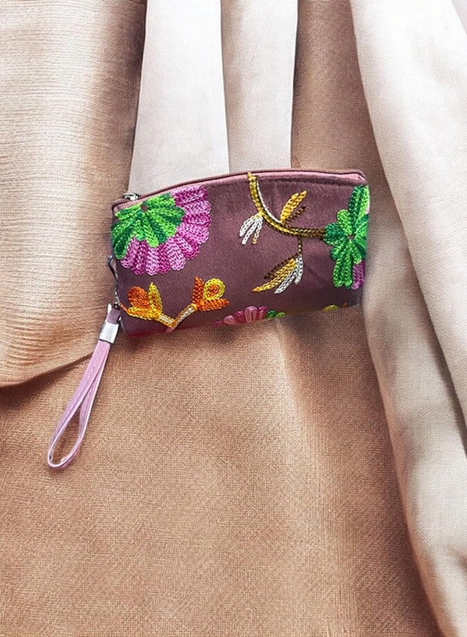 Floral Kashmiri Embroidered Wristlet Wallet for Women, Pink, Cotton Lined - Image 5