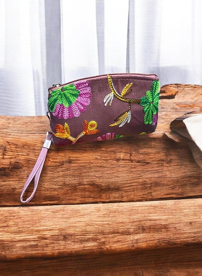 Floral Kashmiri Embroidered Wristlet Wallet for Women, Pink, Cotton Lined - Image 3