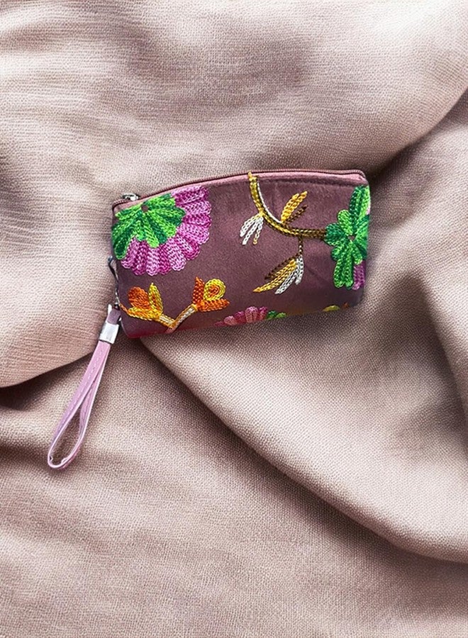 Floral Kashmiri Embroidered Wristlet Wallet for Women, Pink, Cotton Lined - Image 4
