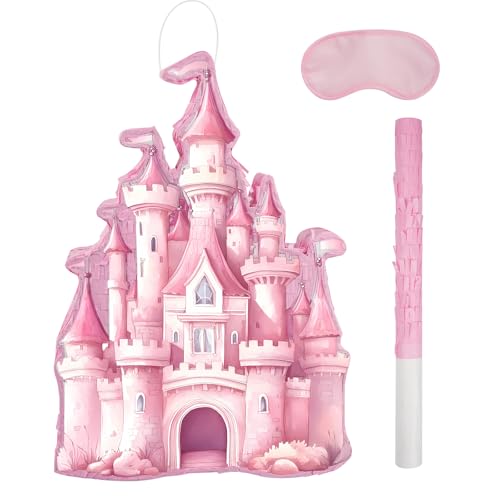 JOARHONAL Princess Castle Piata Watercolor Pink Castle Piata with Bat and Blindfold for Girls Kids Princess Themed Birthday Party Game Decorations 167x118x3 - Image 1