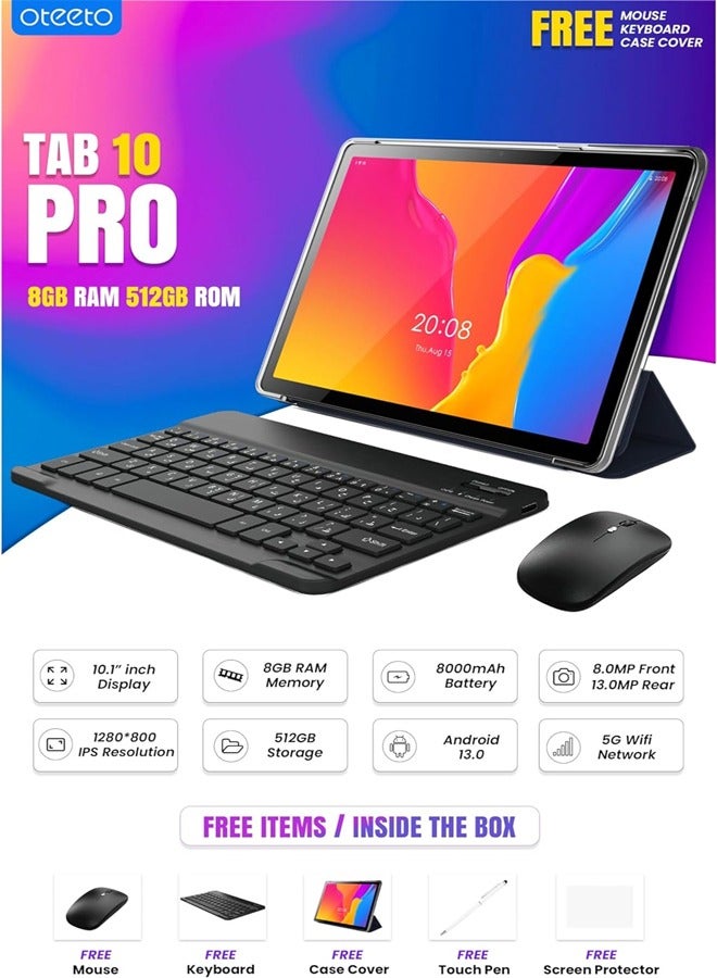 Oteeto TAB 10 PRO - 10.1" Android Tablet, 8GB RAM, 512GB ROM, 5G, Quad-Core, with Keyboard and Mouse