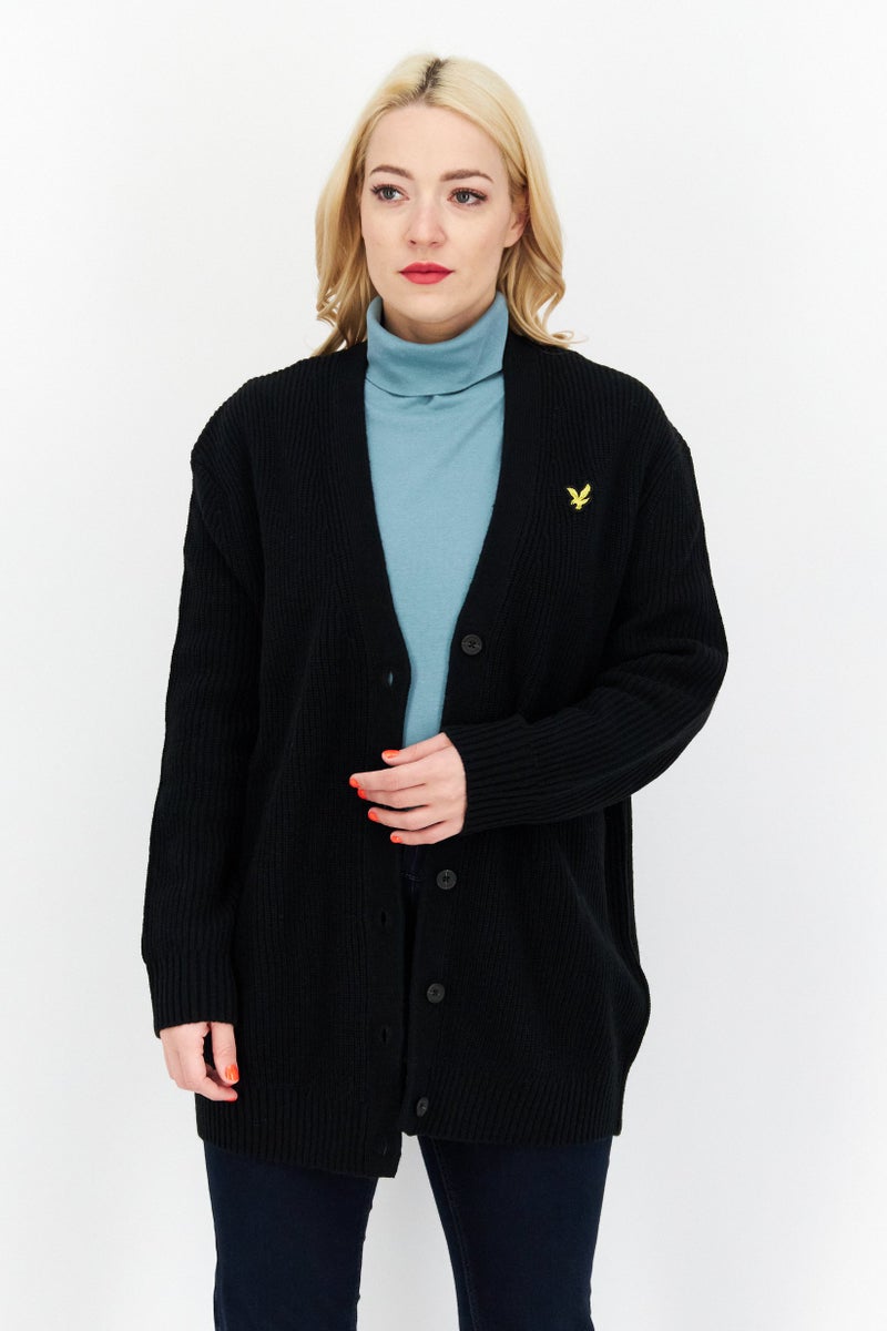 Lyle & Scott Women V-Neck Long Sleeve Embroidered Cardigans, Black  - Image 1