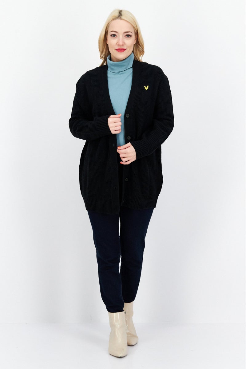 Lyle & Scott Women V-Neck Long Sleeve Embroidered Cardigans, Black  - Image 4