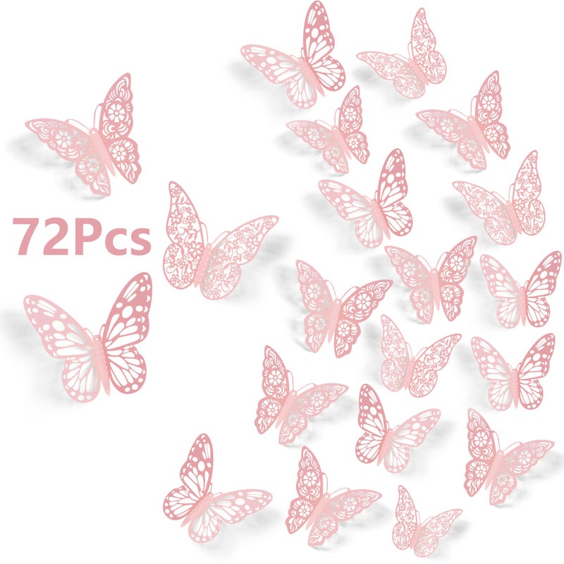 SAOROPEB 3D Butterfly Wall Decor 72Pcs 3 Sizes 3 Styles Pink Butterfly Decorations Removable Butterfly Stickers for Room Decor Party Balloon Addition Cake Decoration Flower Arrangements Pink