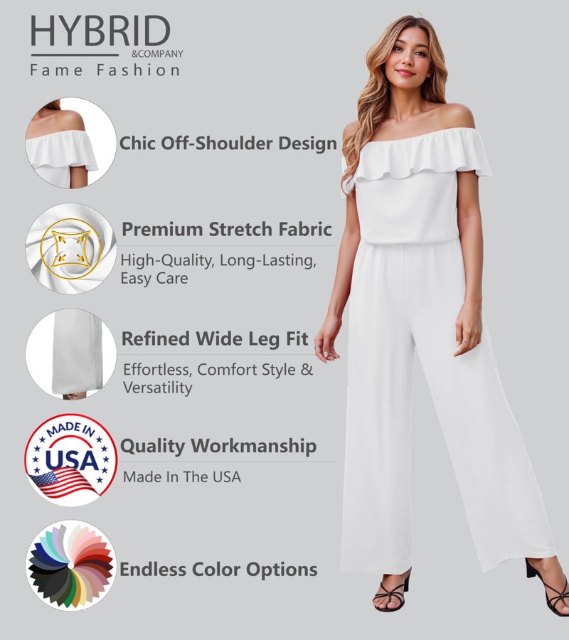 Hybrid & Company Women's Lightweight Off Shoulder Jumpsuit – Stretchy Wide Leg Romper – Casual to Formal One Piece Outfit KPVJ47696 E9000 WHITE XL - Image 2