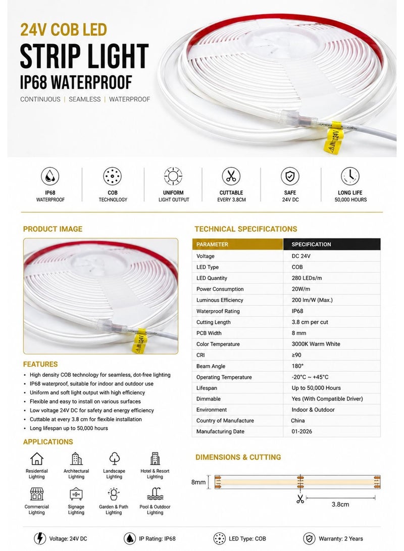 شريط إضاءة LED مقاوم للماء بمعيار IP68
